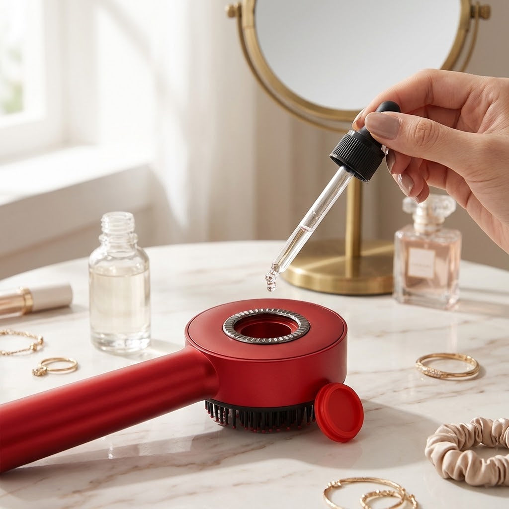 Peine con terapia de luz roja y dispensador de tónico y aceite para fortalecer el cabello.