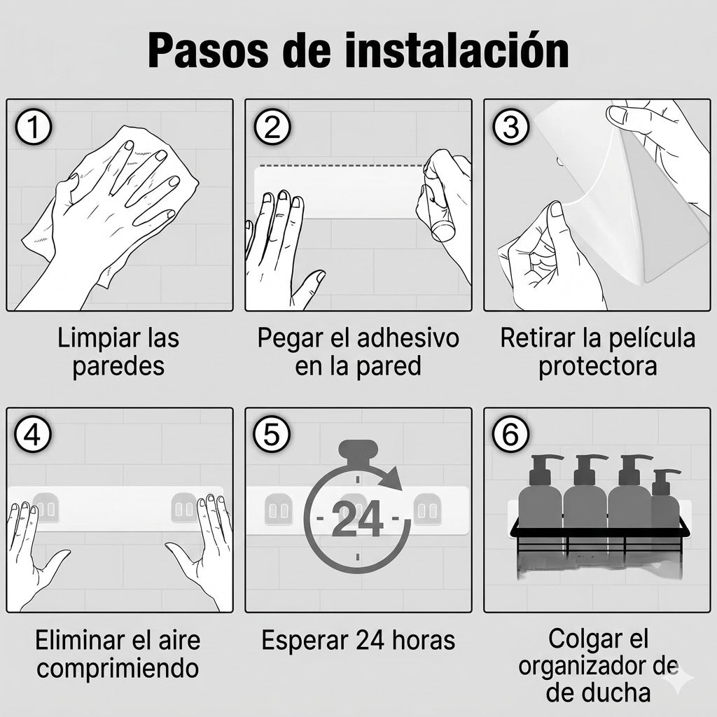 pasos para la instalación de los estantes o rejillas organizadoras de ducha o cocina