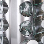 organizador de especias inoxidable con tarros de vidrio resistentes para conservar mejor las especias