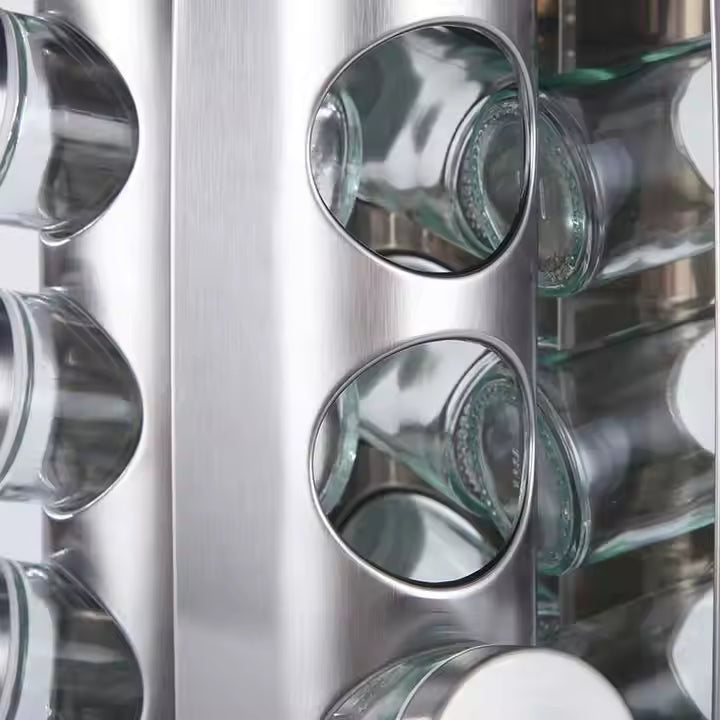 organizador de especias inoxidable con tarros de vidrio resistentes para conservar mejor las especias