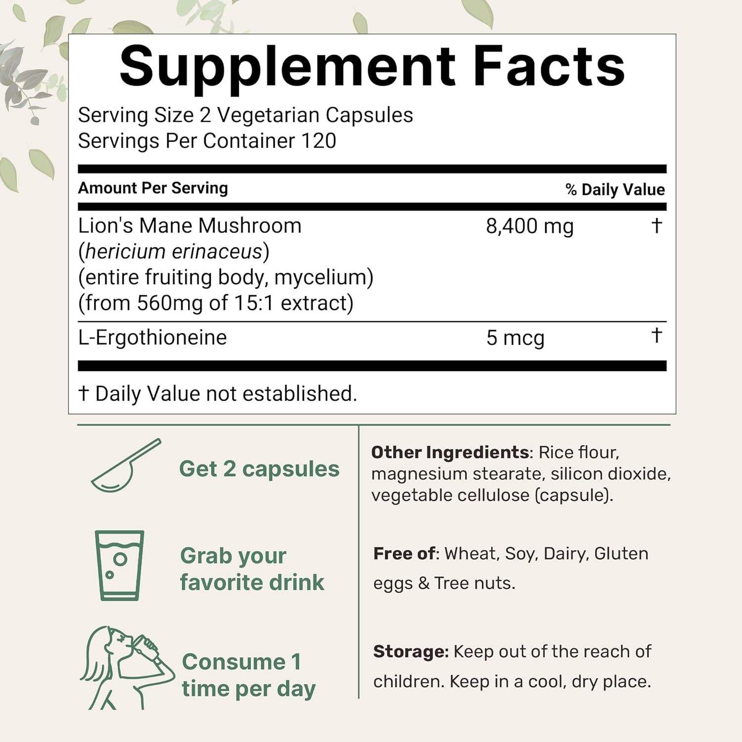 Información de ingredientes de suplemento de melena de león en cápsulas
