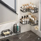 Set de 4 organizadores de ducha negros de acero inoxidable instalado adhesivo en pared del baño