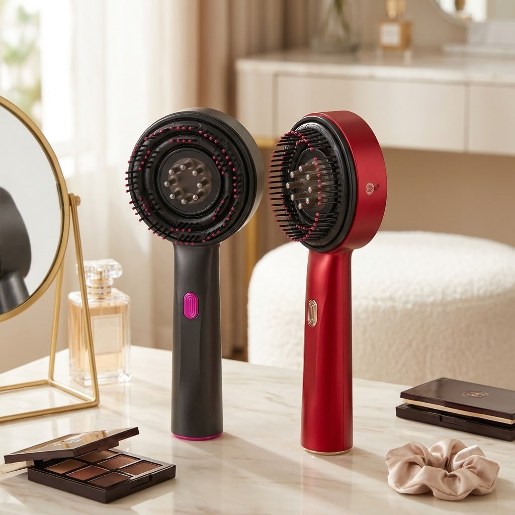 Cepillo para estimular el crecimiento del cabello con terapia de luz y aplicación de tónicos capilares.