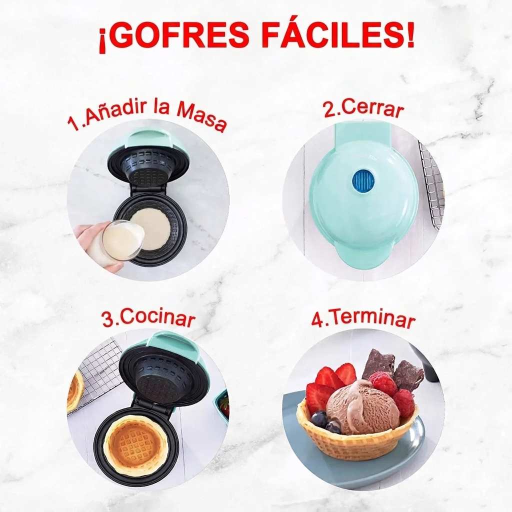 Máquina RIVETI para hacer cuencos de waffle para helados, color turquesa.