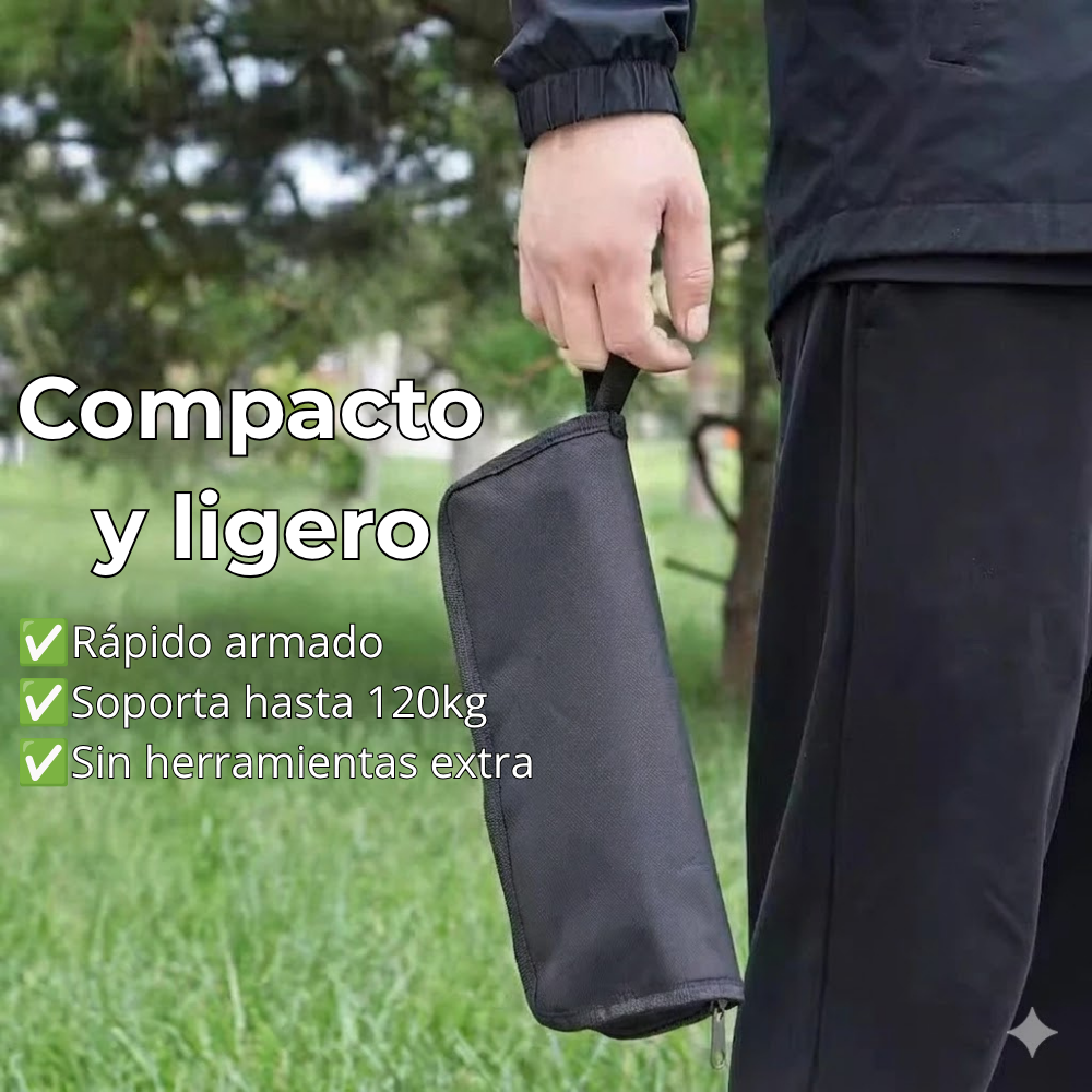 Taburete plegable portátil de color negro fabricado en tela Oxford para camping.