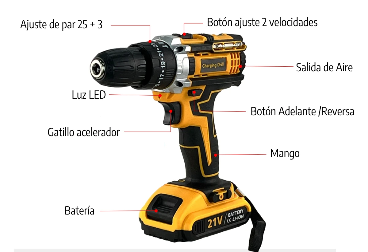 Taladro atornillador inalámbrico con herramientas 36V
